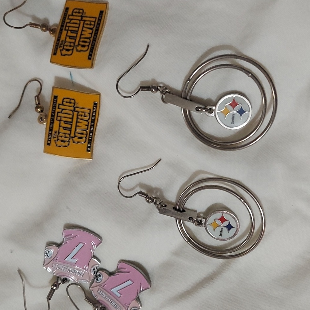 3 Pair Pink and Yellow Pittsburgh Steelers Earrings Terrible Towel Big Ben